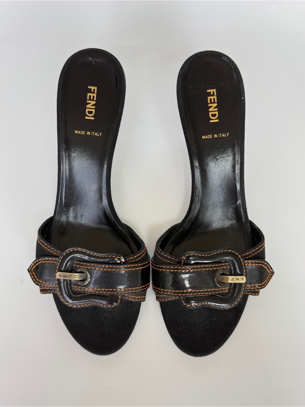 Fendi Black Leather Slide Mules with buckles size US 8.5